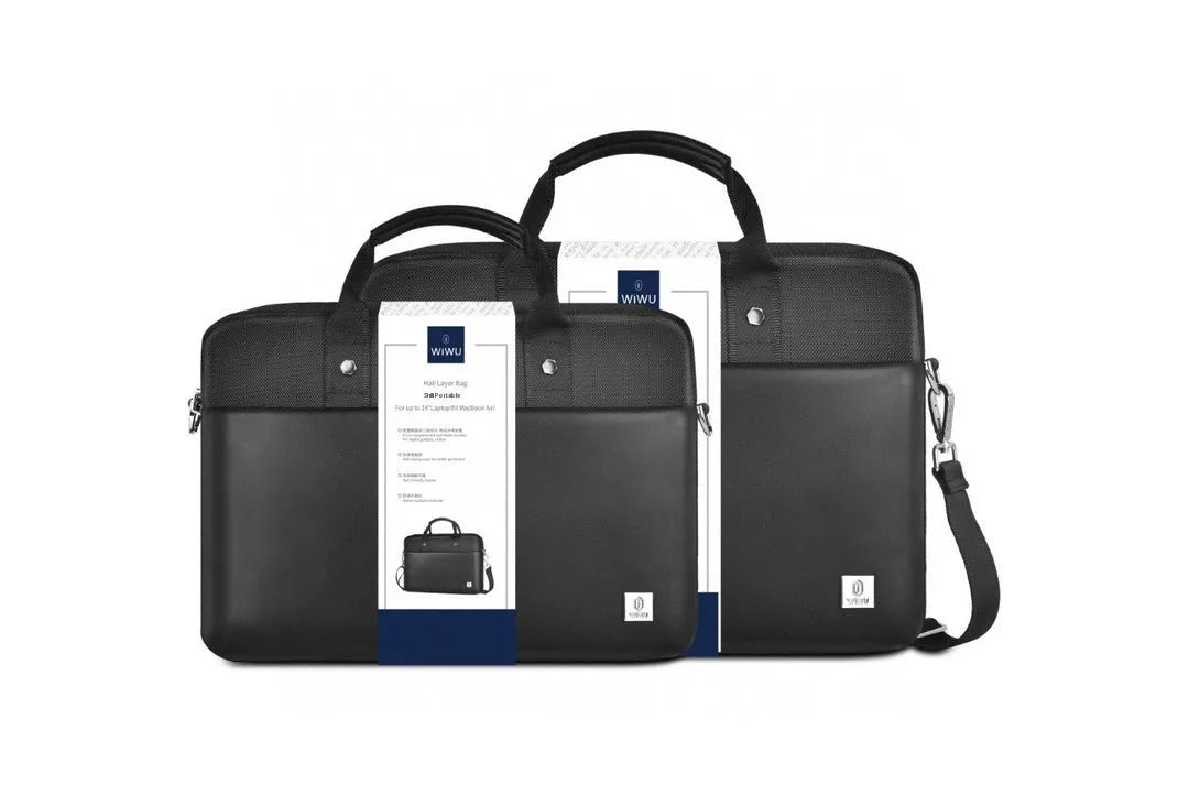 Black Oxford cloth laptop backpack showing multiple organisational pockets and a lock on the front.