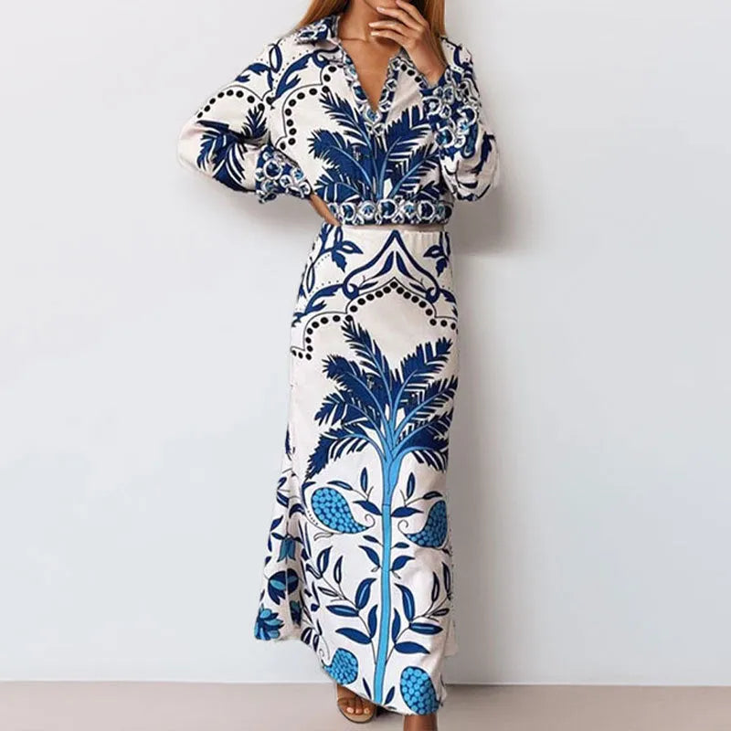 Early spring idle style women's casual set with long sleeve polyester top and matching long skirt