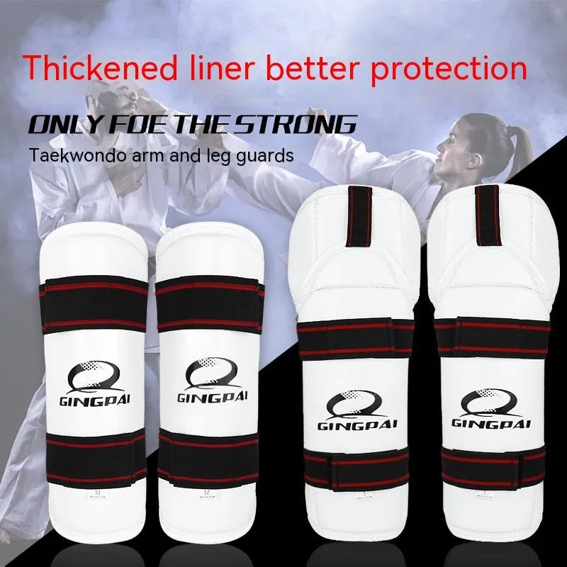 Taekwondo protective gear set showing arm guards and leg protectors with PU EVA foam construction