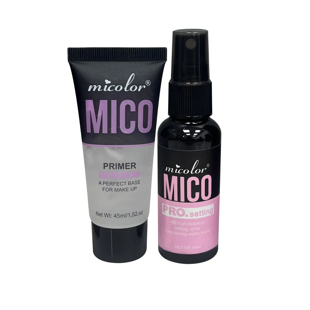 Makeup primer and setting spray duo with 45ml and 40ml bottles in monochrome packaging