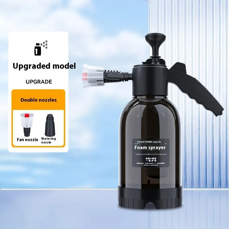 Black hand-held 2L foam sprayer watering can with two nozzle attachments