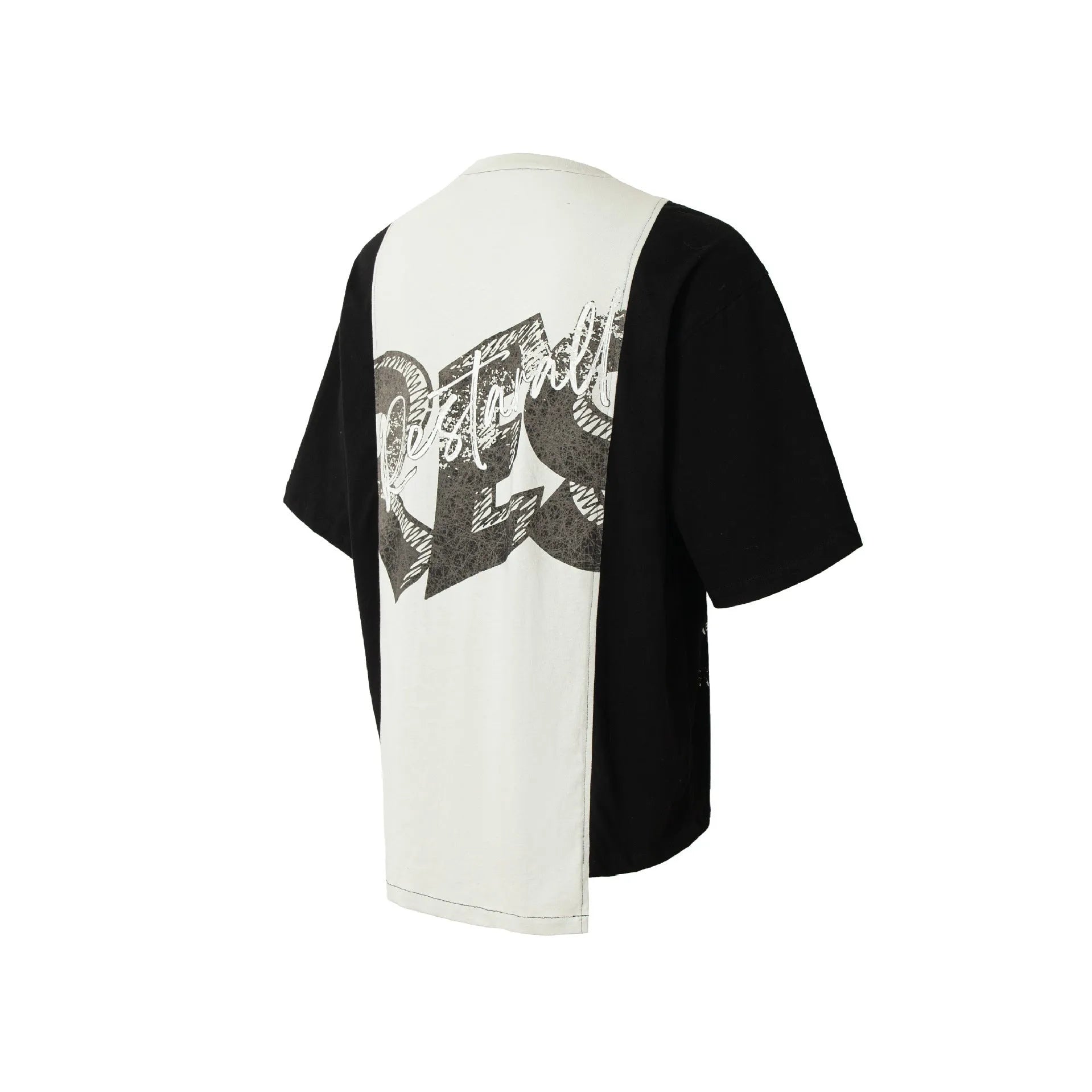 Broken collage deconstruction printed cotton blend t-shirt with black and white stitching design