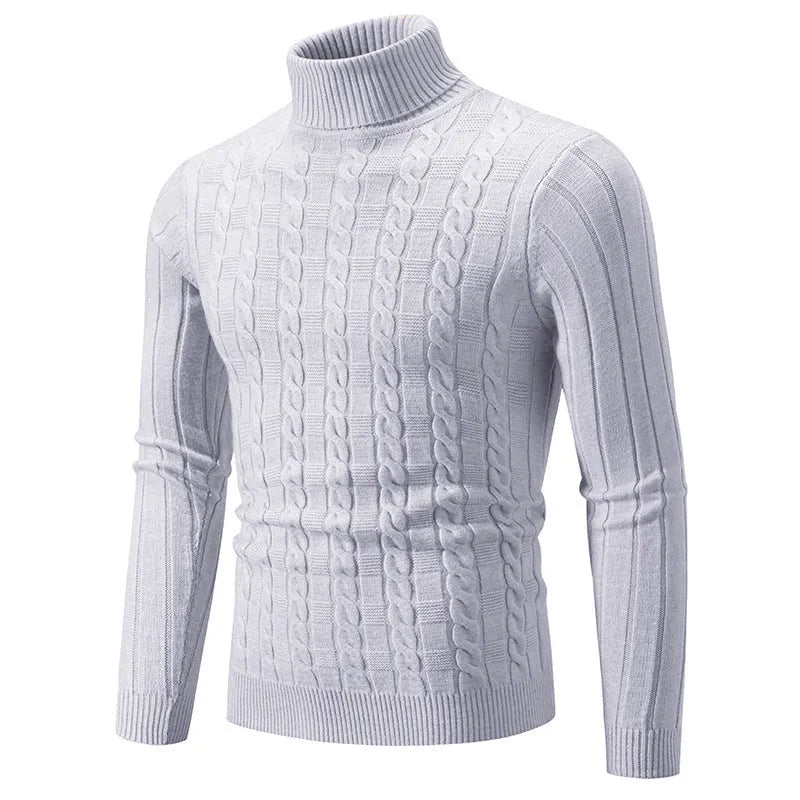 Men's slim-fit twist turtleneck pullover jumper in chenille fabric on a hanger.