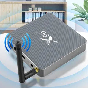 RK3566 Android smart TV set-top box with remote control and HDMI cable on a table