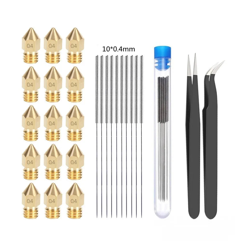Brass MK8 3D printer nozzle and stainless steel cleaning pin kit with 0.4mm aperture.
