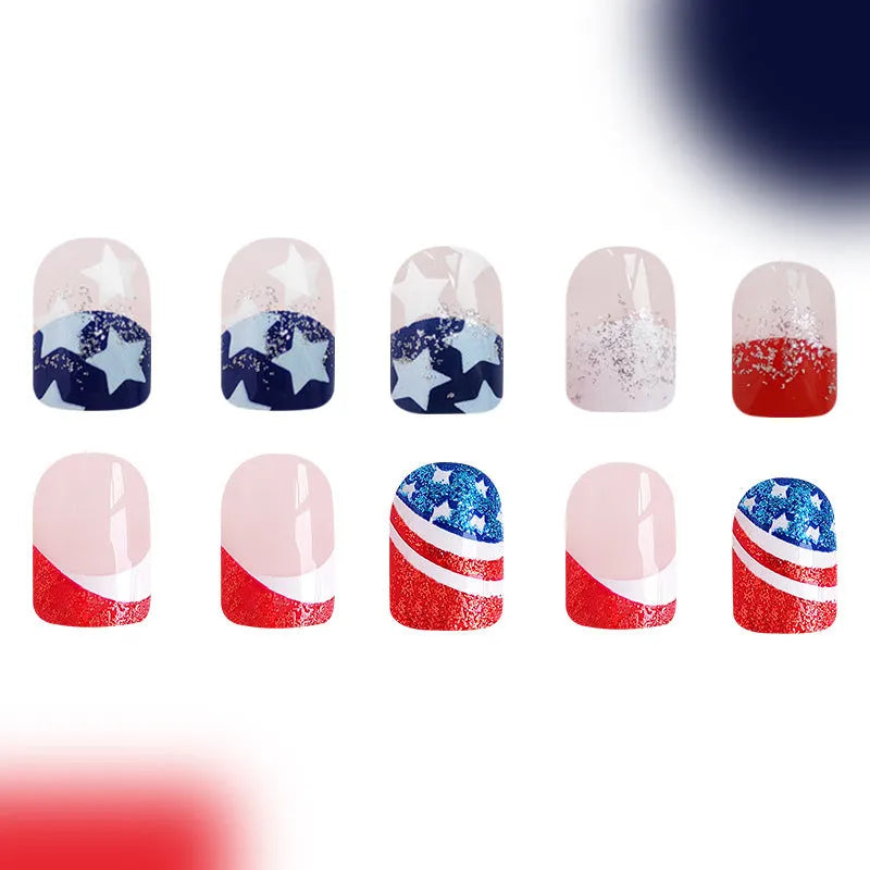 Independence Day nail art kit with three American flag five-pointed star designs for short European square nails