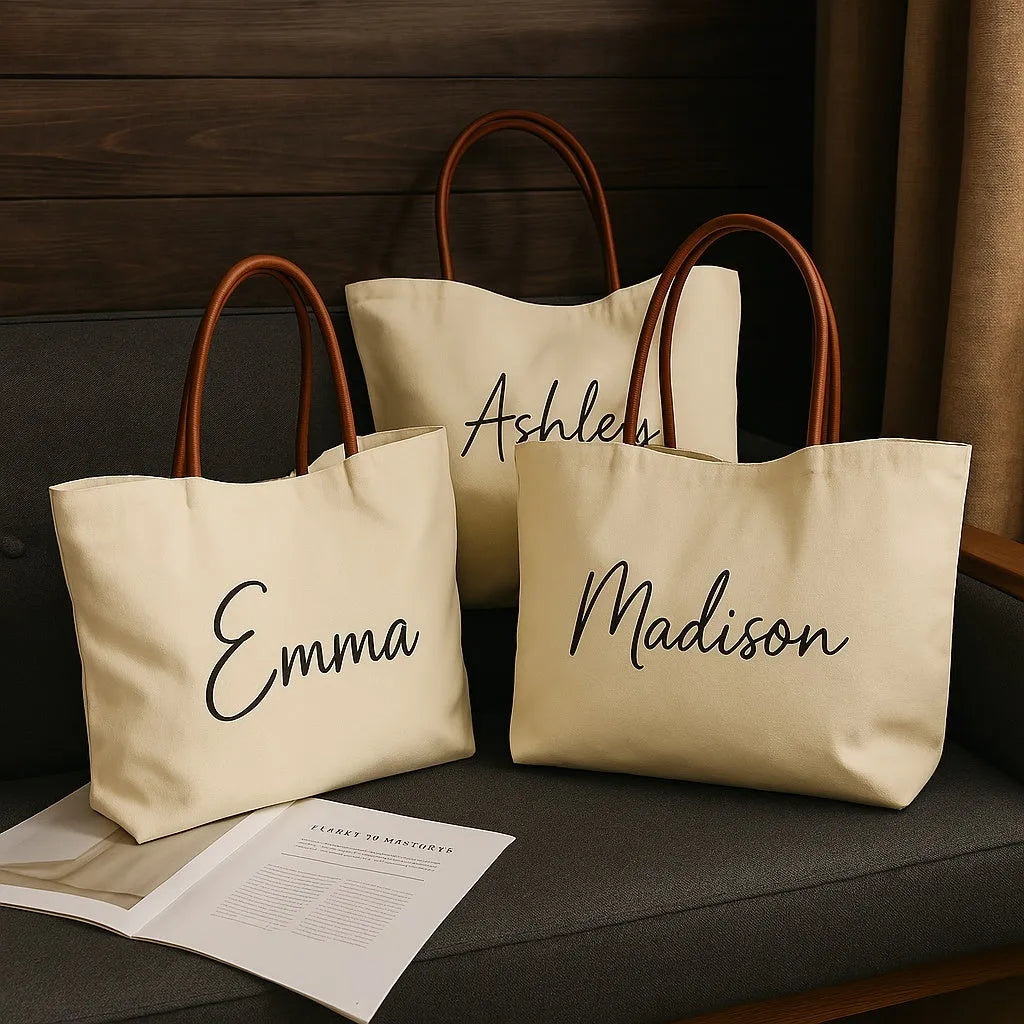 Beige white canvas tote bag with reinforced cotton handles and a flat base.