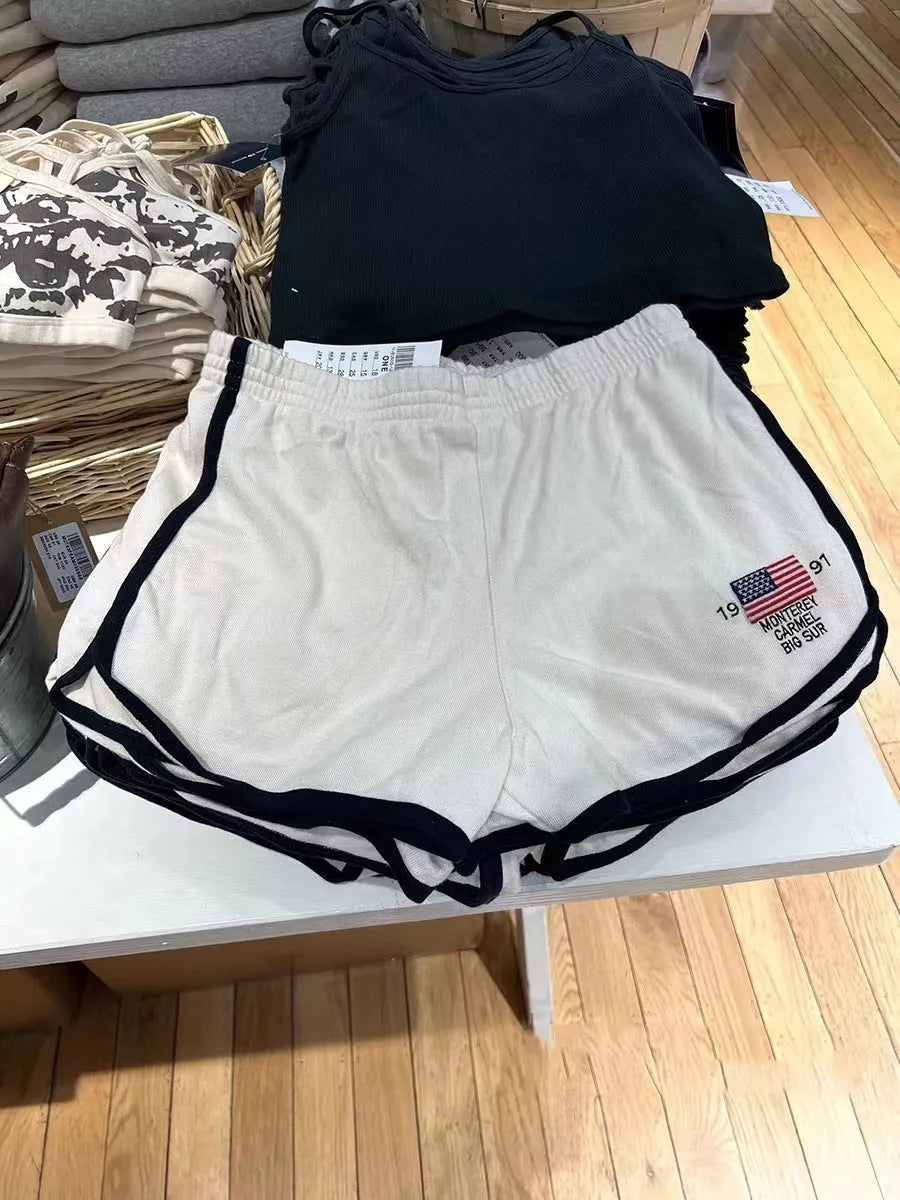 Women's dark blue cotton hot pants with white flag embroidery athletic shorts