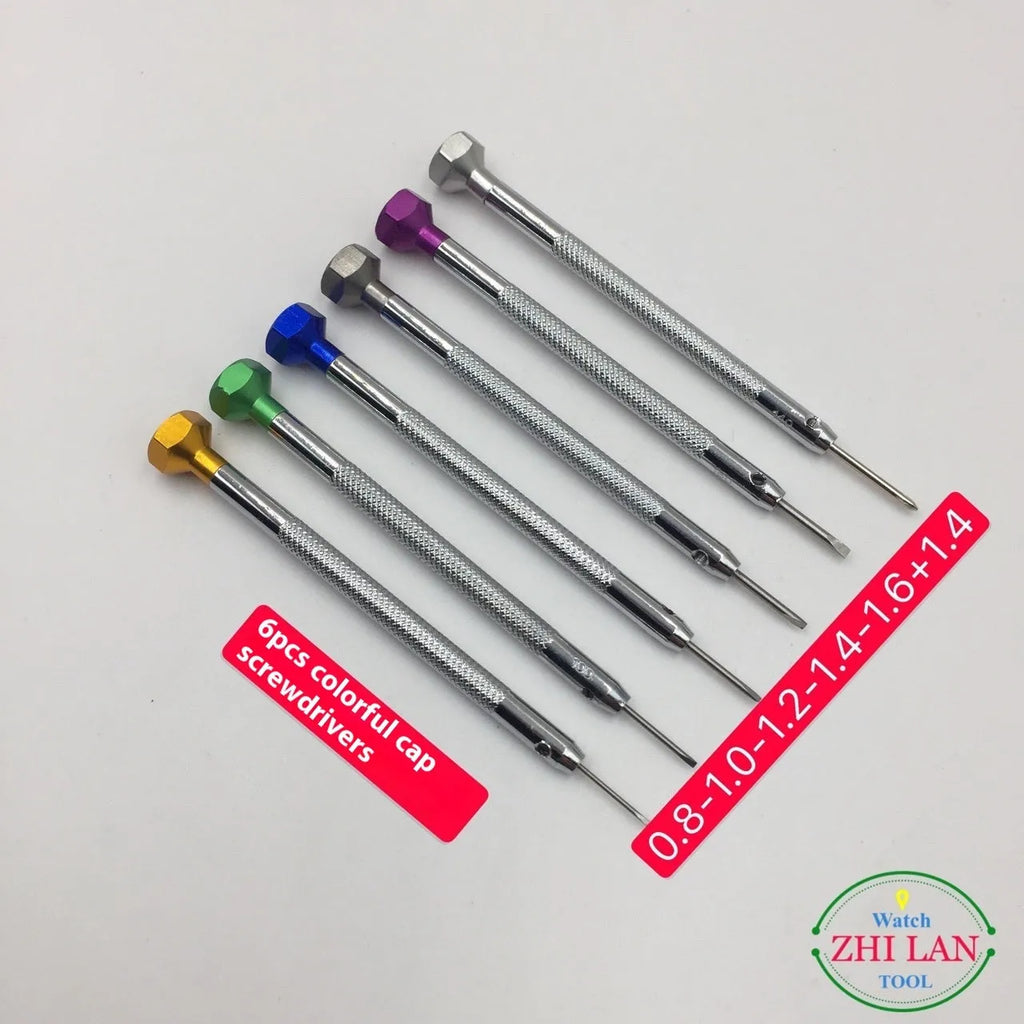 Six colour-coded aluminium handle screwdrivers for watch repair with spring steel cutter heads