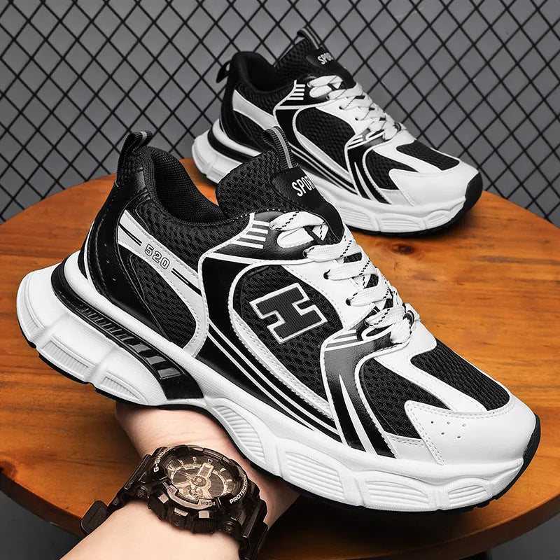 Men's mesh running shoes in three colour options with plastic sole and round toe design