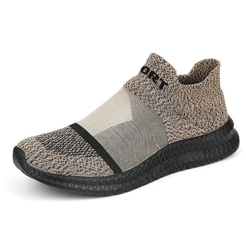 Casual beige Flyknit sports socks shoes with lace-up front and round toe on a neutral background.