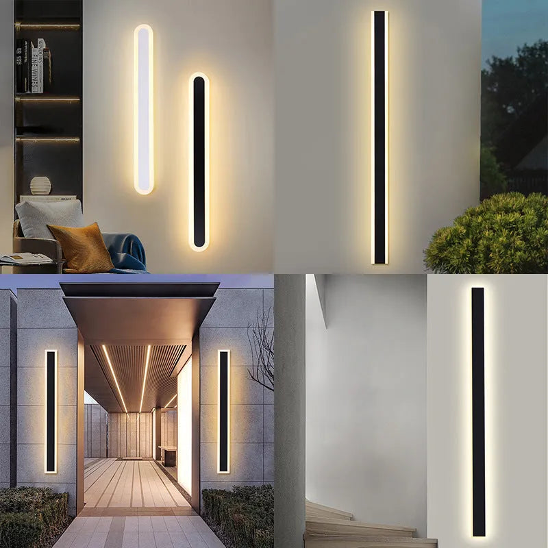 Straight outdoor LED wall lamp with IP65 waterproof rating installed on exterior brick wall