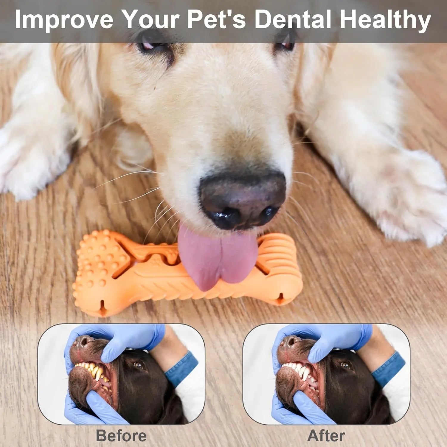 Blue bone-shaped natural rubber dog chew toy for aggressive chewers with teeth cleaning surface
