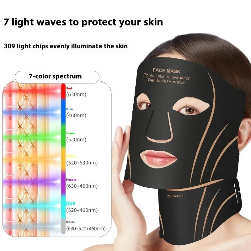 Black gold silicone LED red light facial beauty mask with headband and touch screen controls