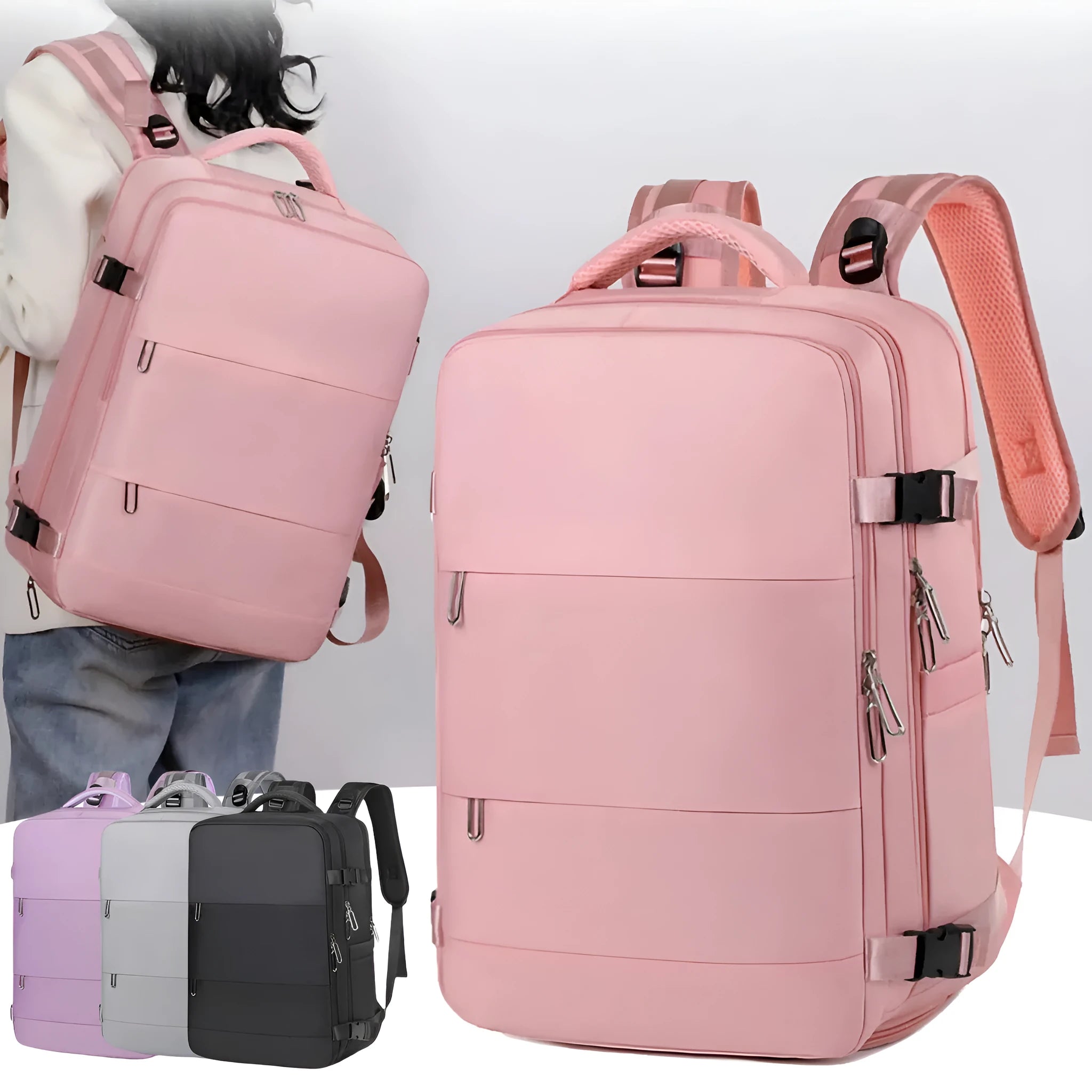 Purple women's travel backpack with multiple compartments and air pillow belt system