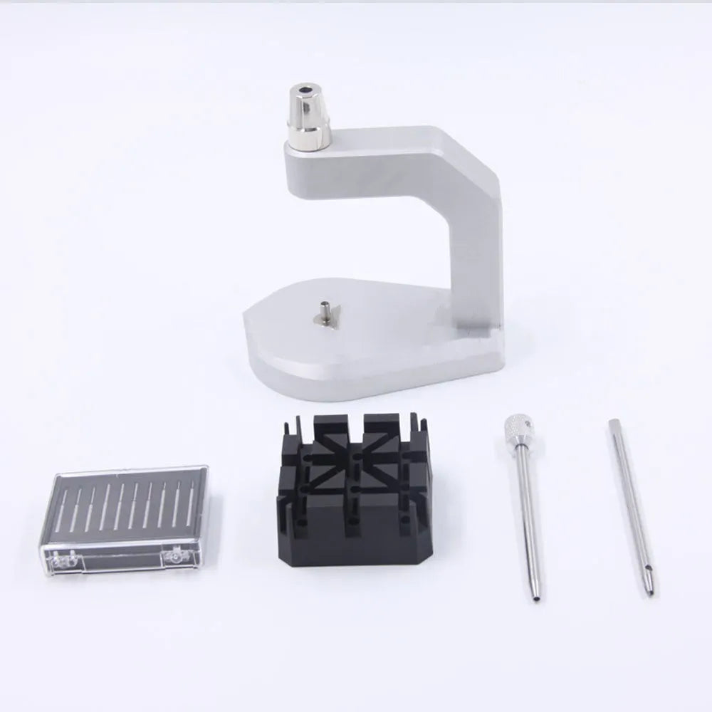 Silver tool steel press strap removal tool for watches, jewellery, and electronics.