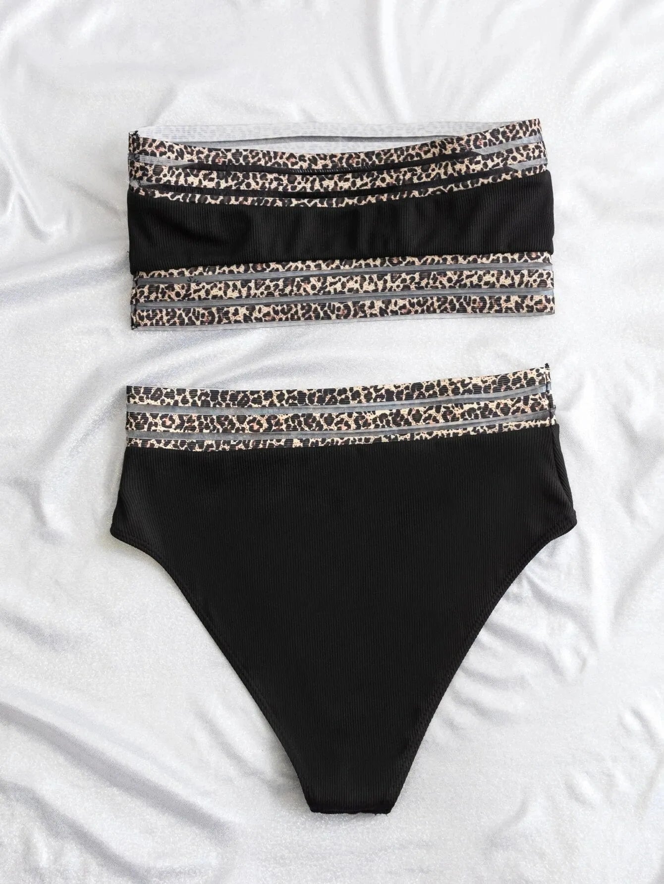 Black leopard print strapless bandeau bikini set with matching shorts