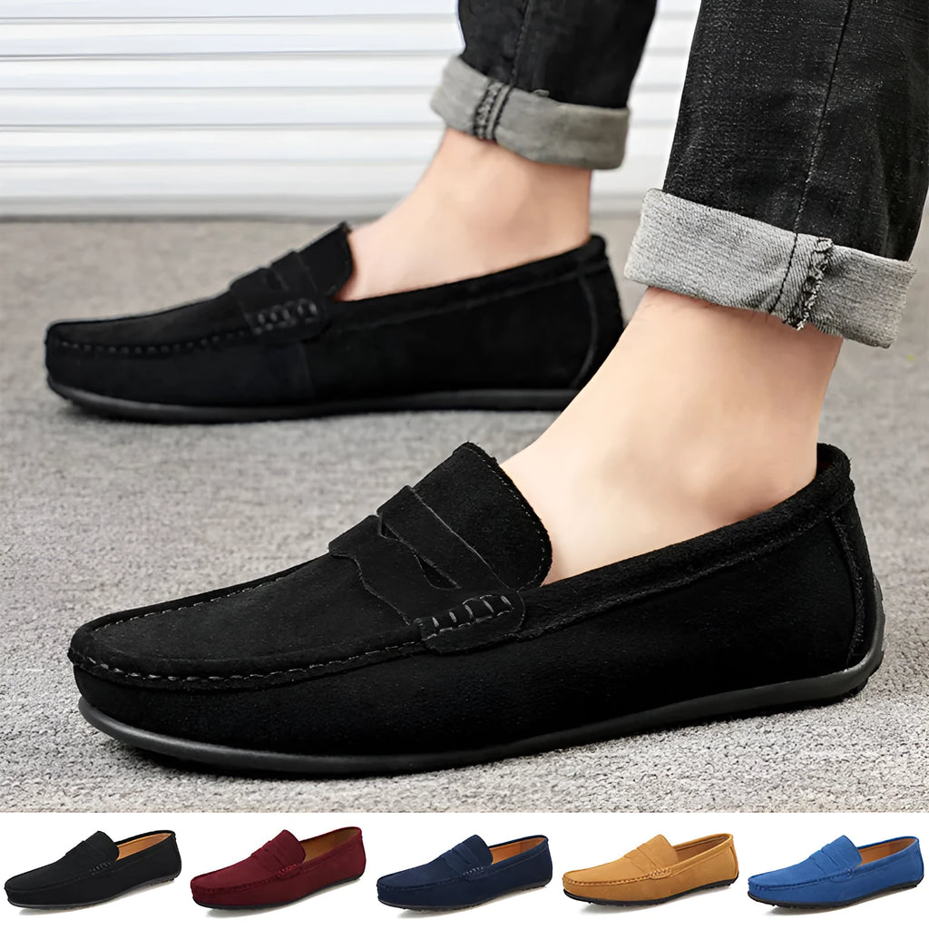 Men's solid colour suede loafers with a round toe and flat rubber sole