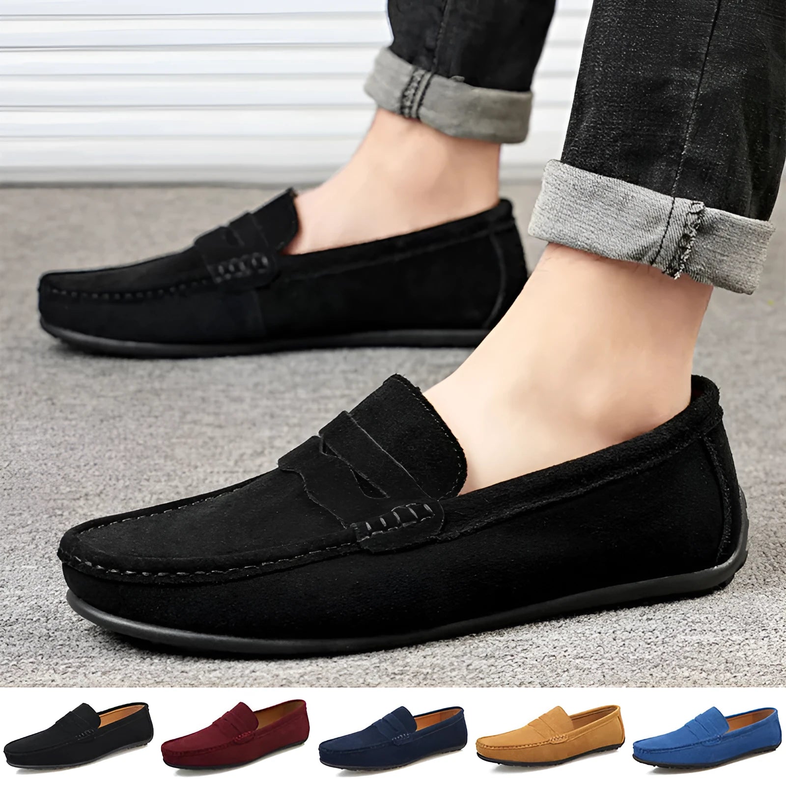 Men's solid colour suede loafers with a round toe and flat rubber sole