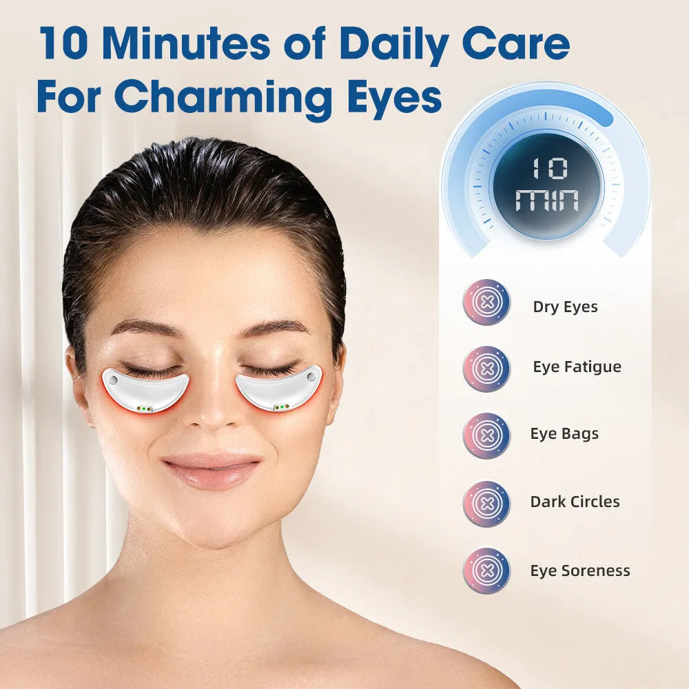 White wireless red light EMS eye and face two-in-one massage device on a white background.