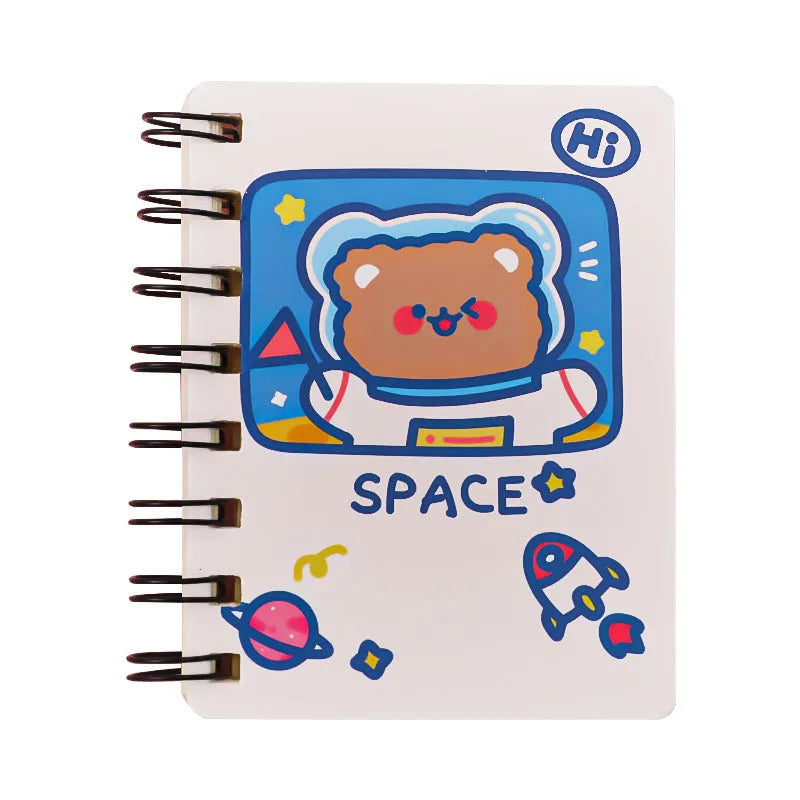 Astronaut-themed pocket flipper notebook showing compact 10.5 by 8 cm dimensions with space character cover options