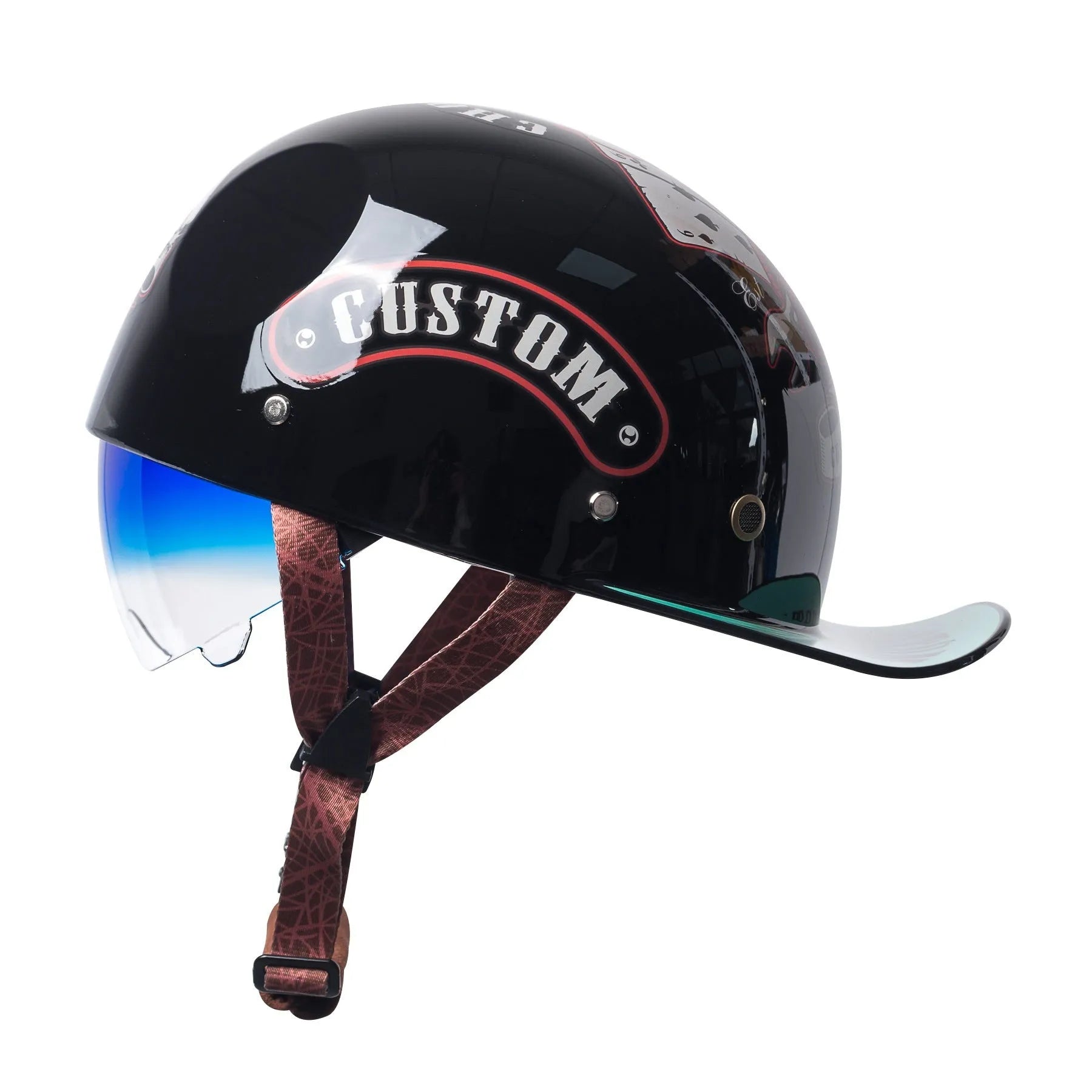 Retro half helmet for electric bicycles in bright black gradient blue colour with matching lens