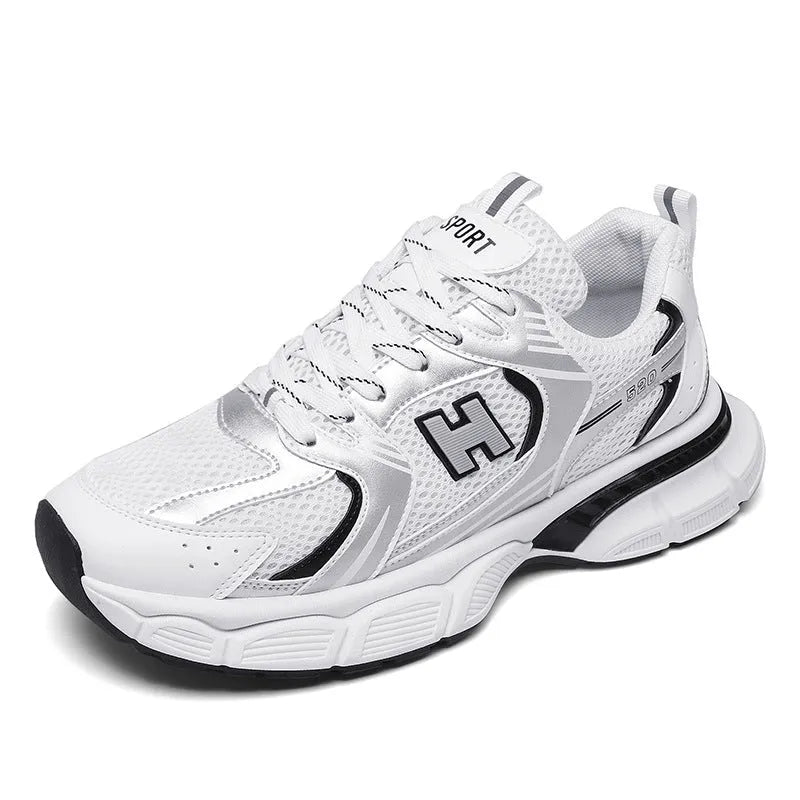 Men's mesh running shoes in three colour options with plastic sole and round toe design