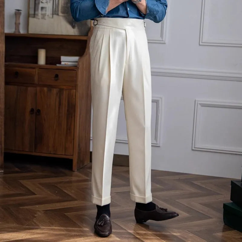 Men's high-waist straight-leg casual trousers in black polyester fabric on a hanger.