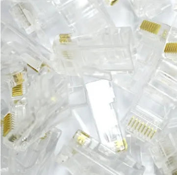 White RJ45 network modular plug with gold-plated three-fork contacts, 1000-piece bulk pack