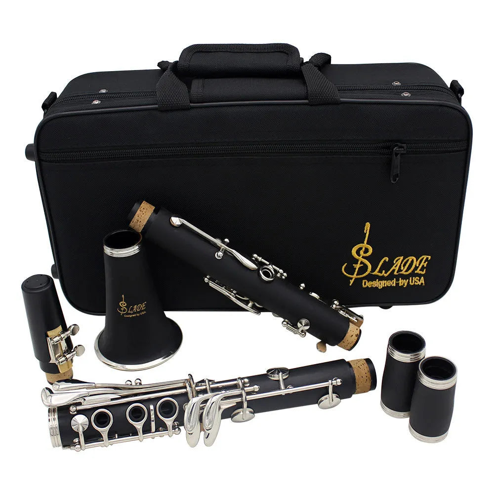 Black Bakelite beginner clarinet with 17 nickel-plated keys and a carry bag.
