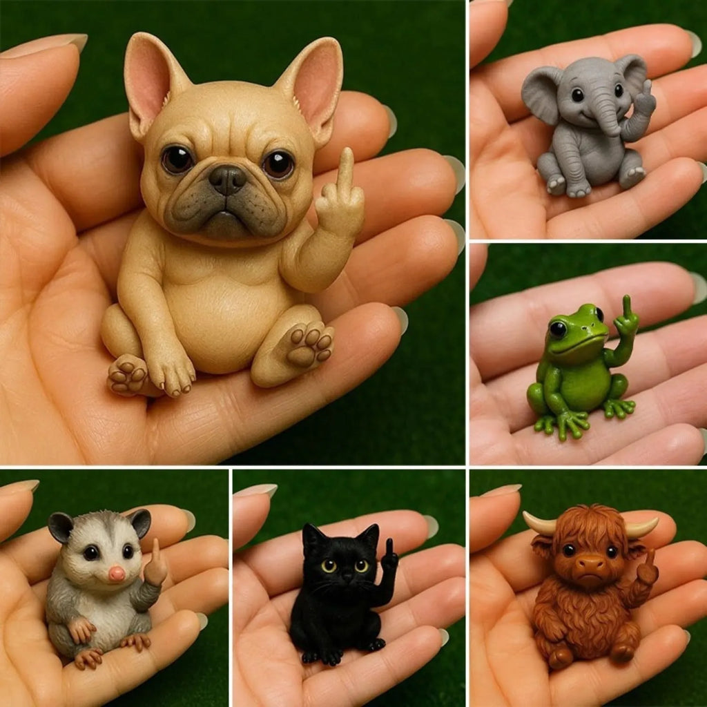 Resin animal vertical middle finger doll ornament in one of seven styles: cat, dog, elephant, frog, Highland cattle, mouse, or turtle.