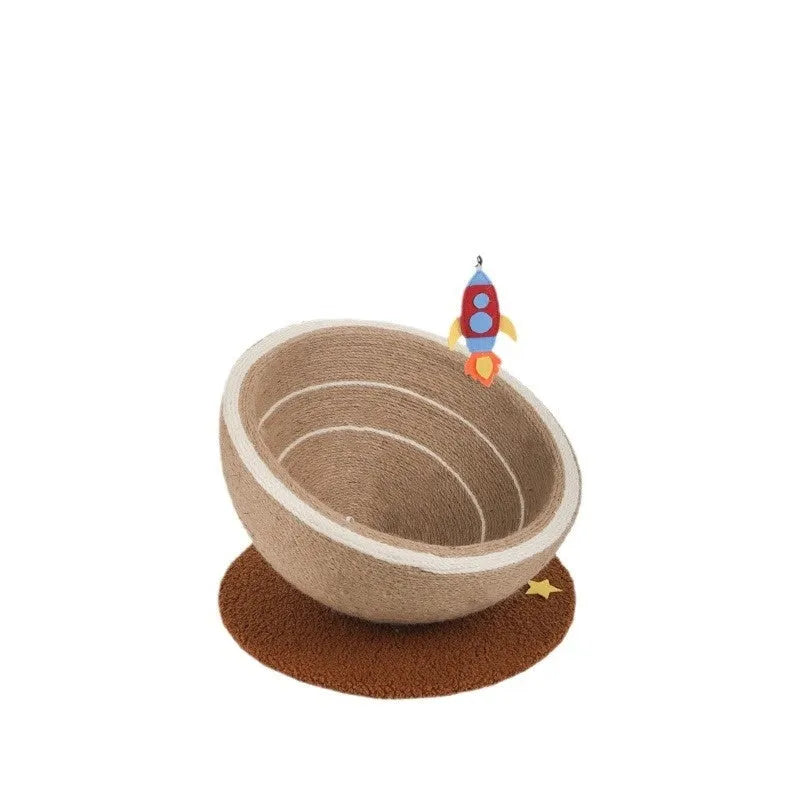 Large cat scratching post integrated with a flannel-lined nest, wrapped in natural sisal rope on a wooden base.