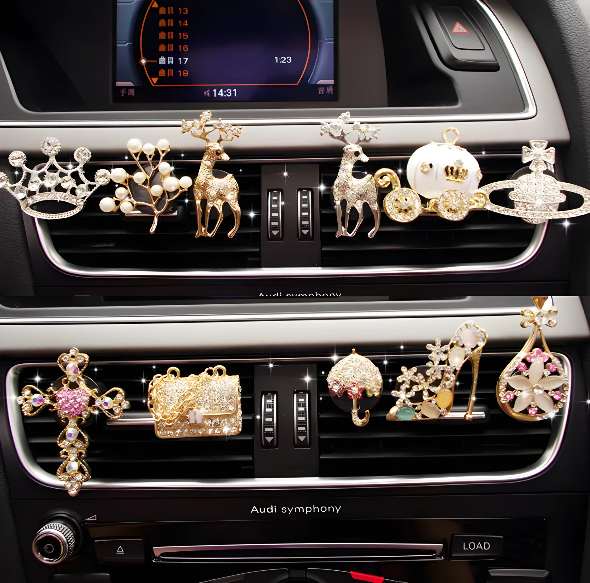 Alloy car air vent fragrance clip in a decorative style, measuring 6.3 by 4.5 centimetres.