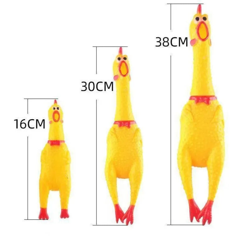 Yellow rubber screaming chicken dog chew toy with squeaker, shown in small, medium and large sizes.