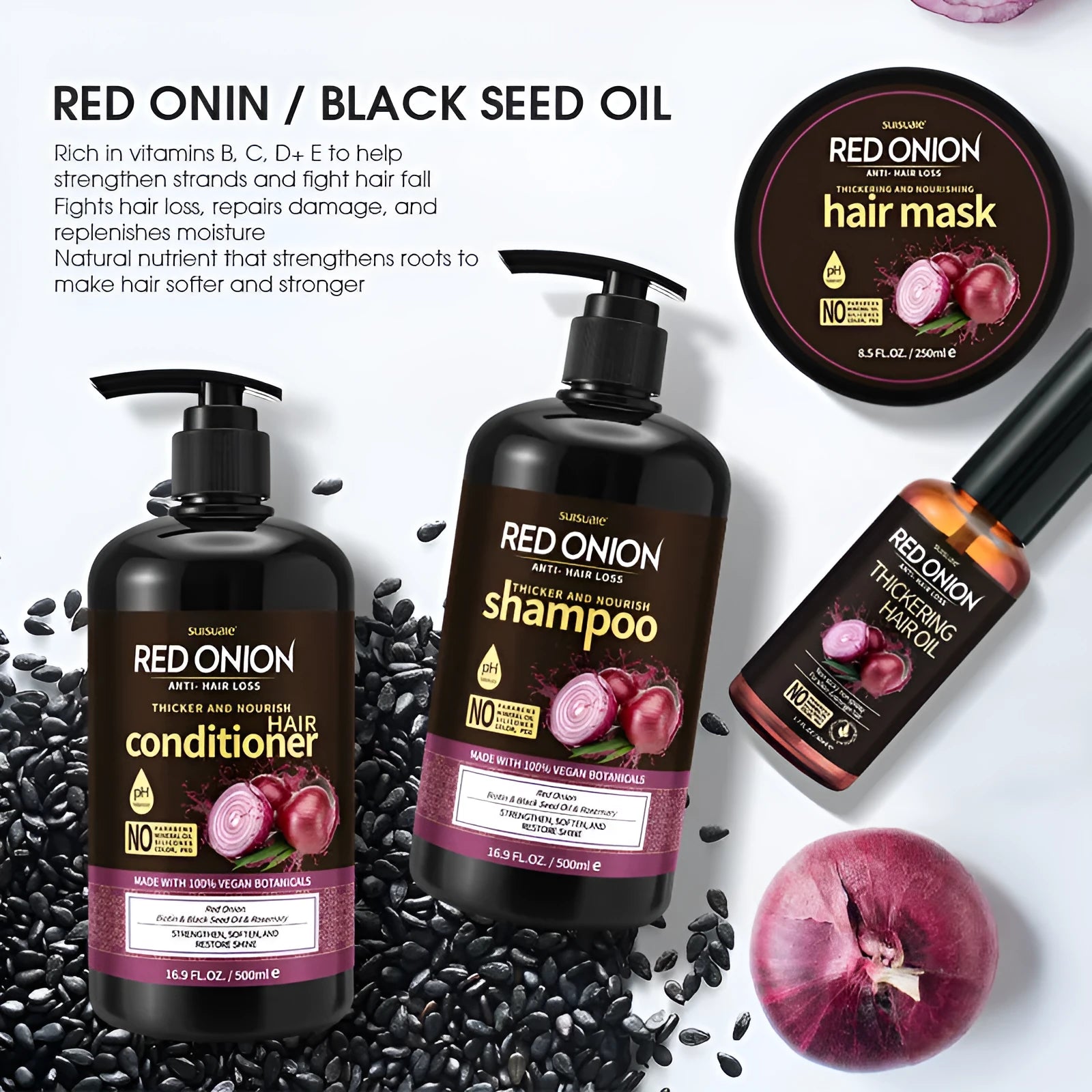 Red Onion Shampoo, Conditioner, Hair Mask and Essential Oil 4 piece hair care kit set.