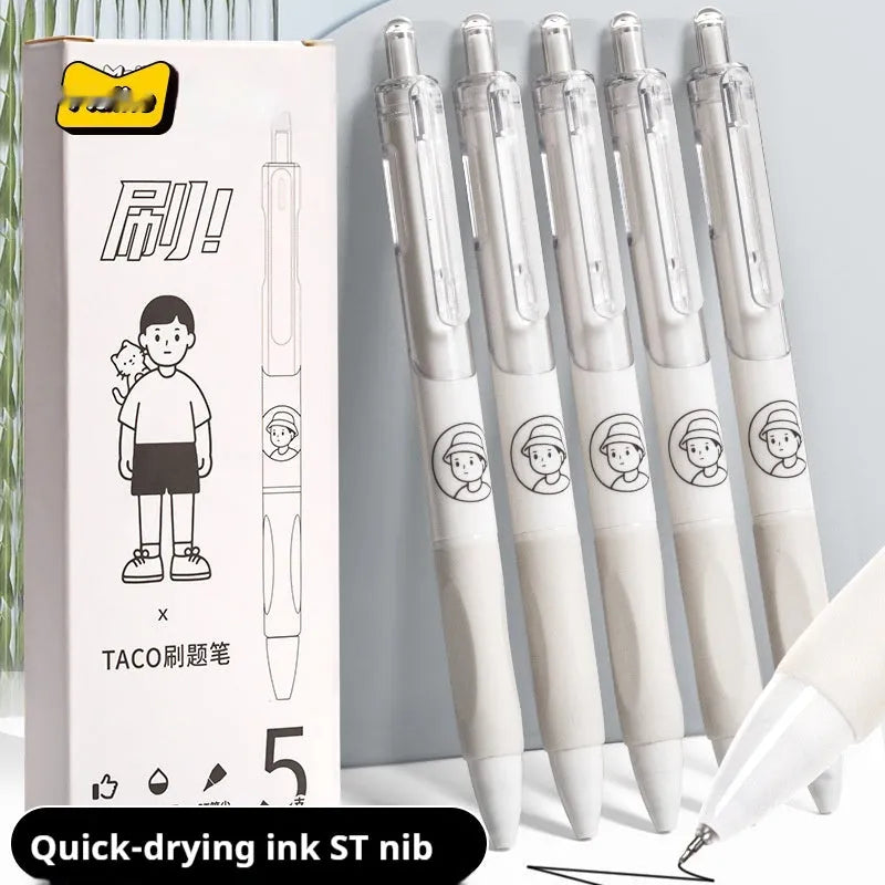 Five white plastic ballpoint pens with black ink and 0.5mm tips for writing and signatures.