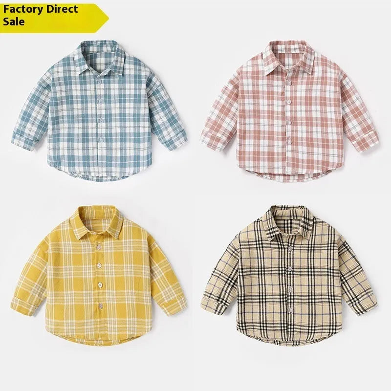 Boys' cotton lattice shirt with animal cartoon patterns in khaki, light blue, pink, and yellow colours