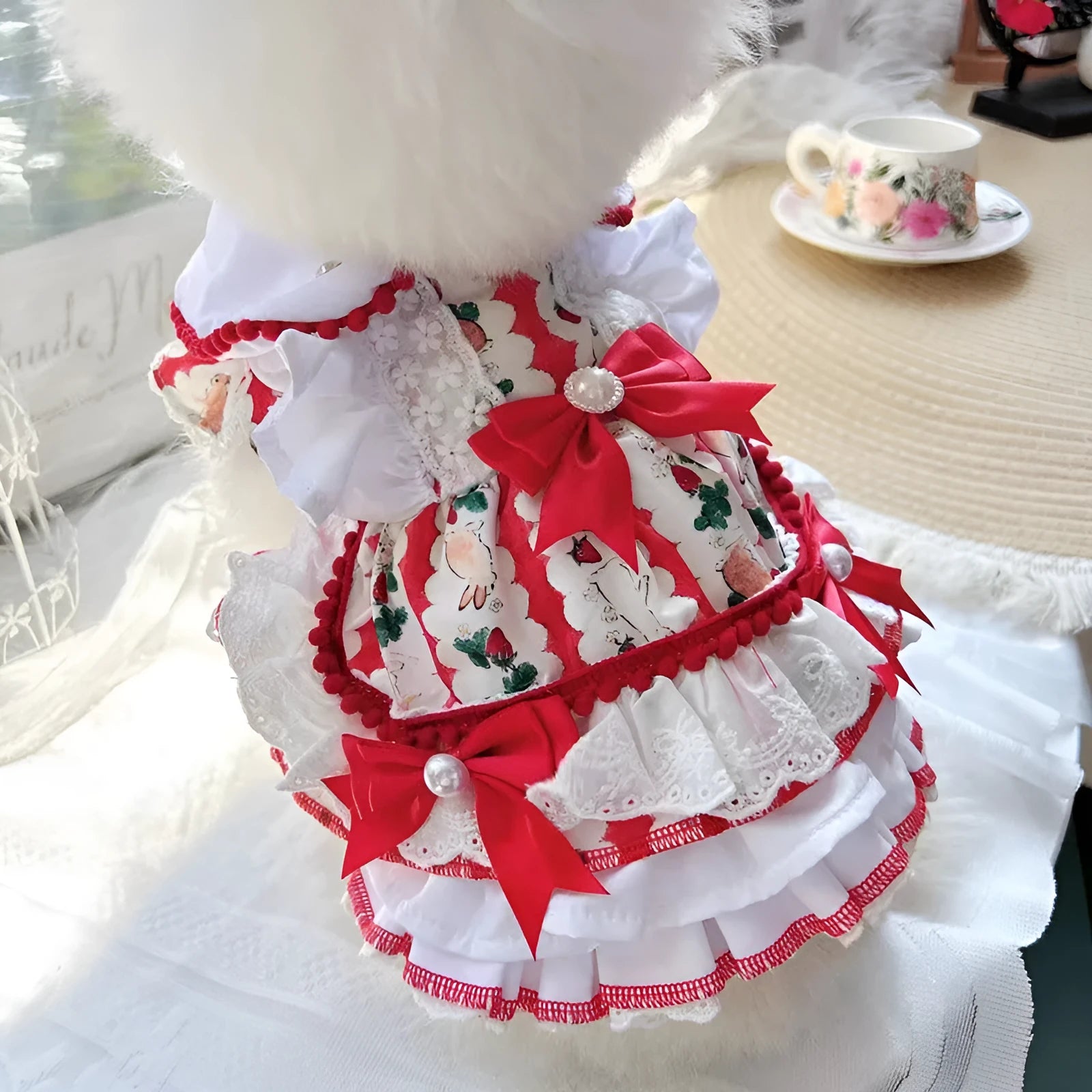 Rabbit skirt princess style dog dress in polyester fabric shown on small dog