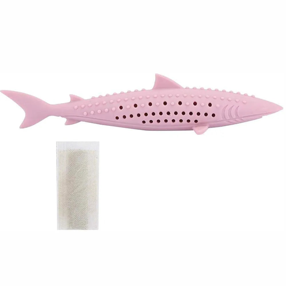 Green silicone fish-shaped cat chew toy with removable design showing breathable side holes