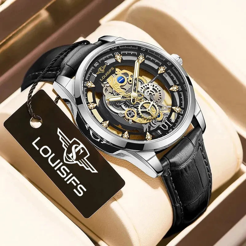 Swiss men's quartz watch with hollow design, gold shell and brown leather strap, 12mm thickness