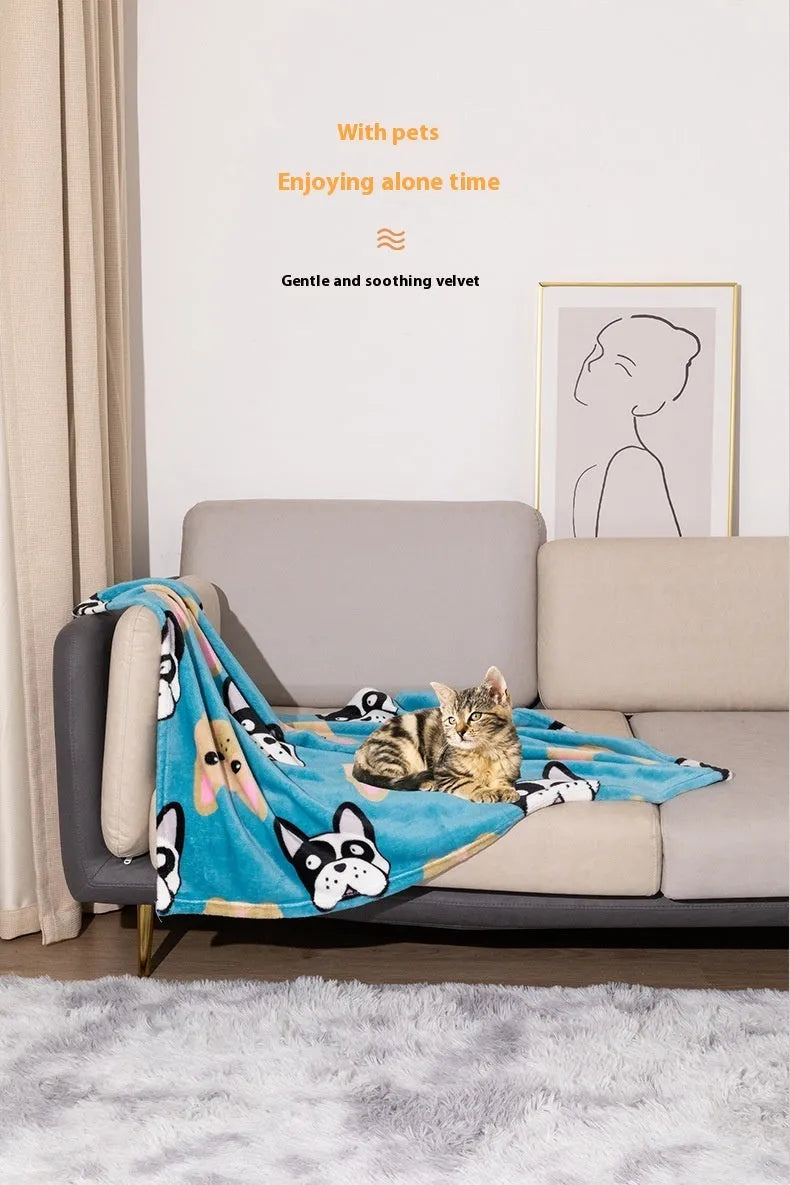 Blue cartoon dog print double-sided thickened flannel pet blanket laid flat.
