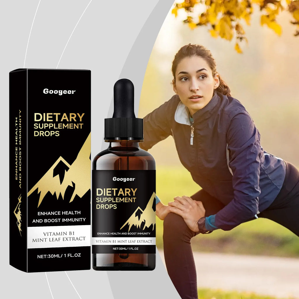 Bottle of clear liquid dietary supplement drops with a black dropper lid for precise dosing.