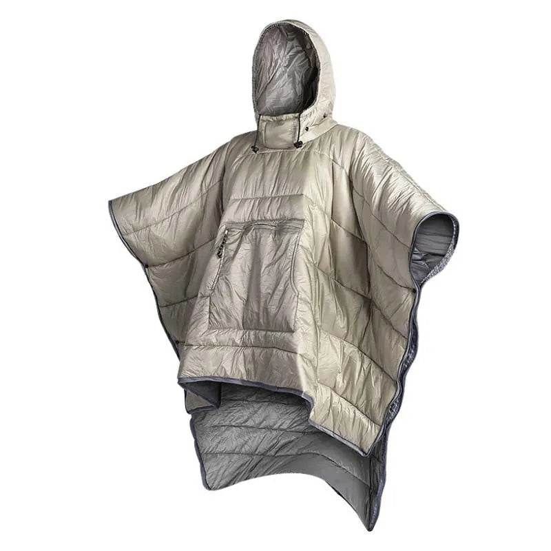 Grey outdoor cloak sleeping bag for adults showing wearable design and 200x140cm dimensions