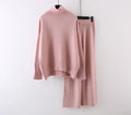 Women's beige casual sweater and wide-leg pants two-piece set on a hanger.