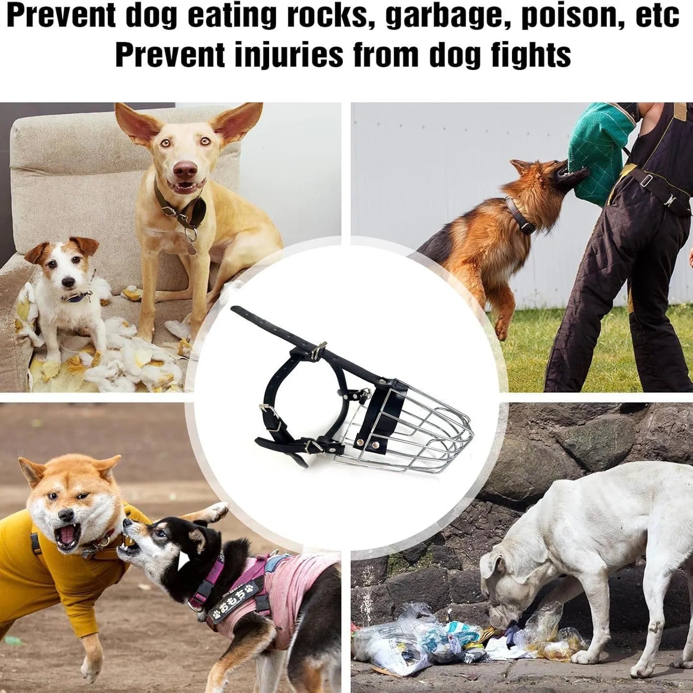 Black metal wire mesh dog muzzle designed for golden retrievers and German shepherds.