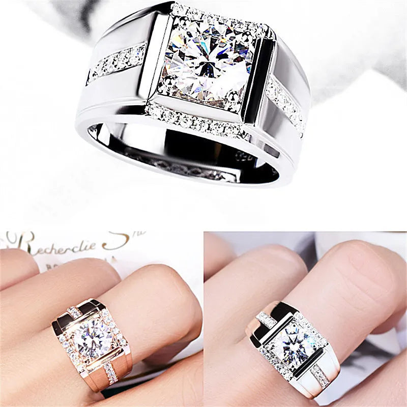 Men's adjustable imitation moissanite ring in rose gold colour with geometric diamond design