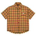 Yellow grid plaid shirt with embroidery pocket in loose-fit short sleeve design