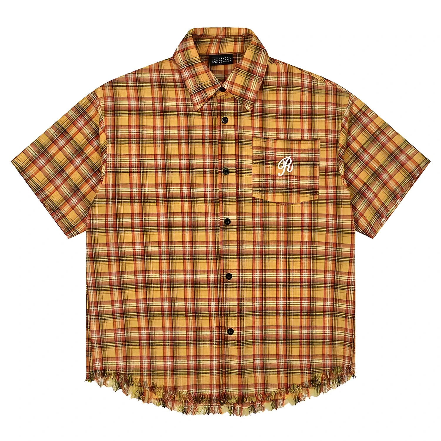 Yellow grid plaid shirt with embroidery pocket in loose-fit short sleeve design