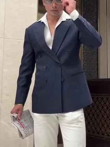 Men's classic striped double-breasted blazer on a hanger