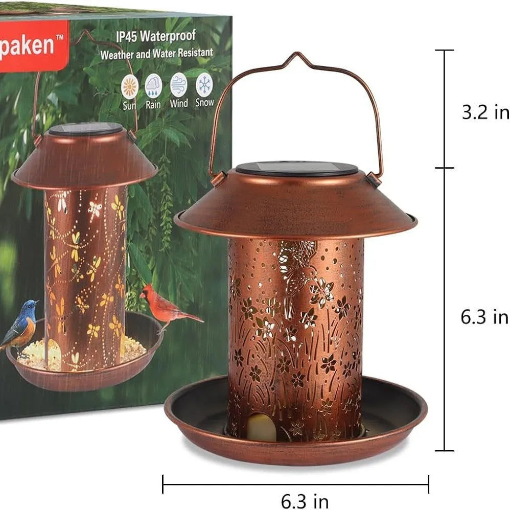 Solar-powered iron art hummingbird bird feeder with waterproof finish for outdoor gardens.
